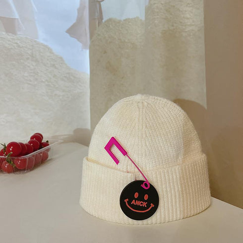 Children's Knitted Hat Autumn And Winter Pin Smiling Face Circumference 18.1-18.9 inch